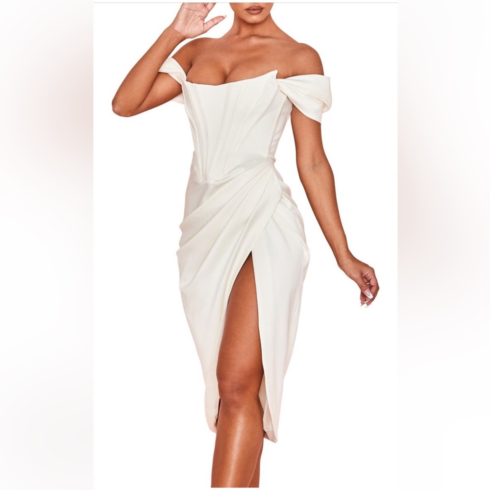 House of CB Loretta Dress Ivory Satin Off Shoulder Size Medium